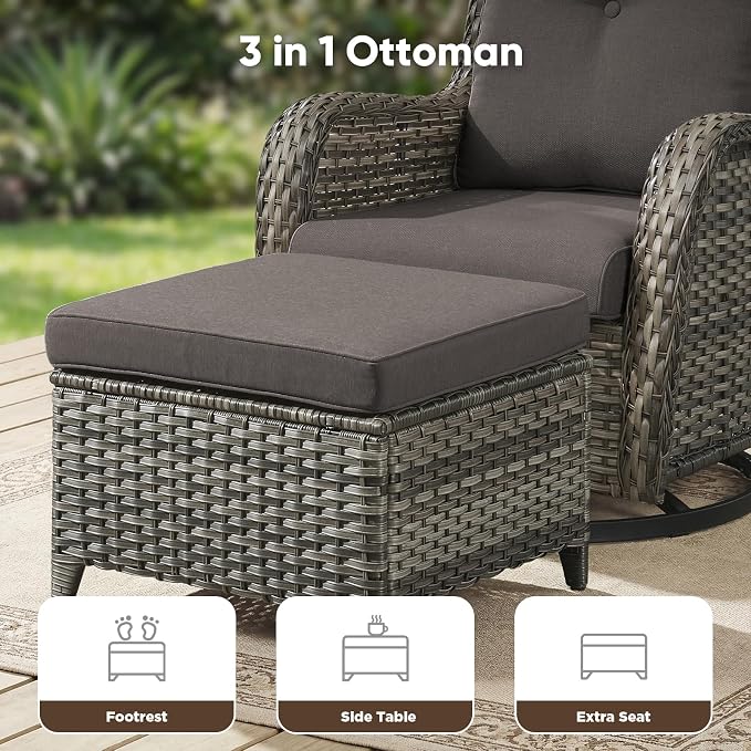Belord 3-Piece PE Wicker Outdoor Sofa with 2 Ottomans, Luxury Patio Couch Convertible to Chaise Lounge, All-Weather High Back Deep Seat Woven Furniture for Deck, Porch - Grey/Grey