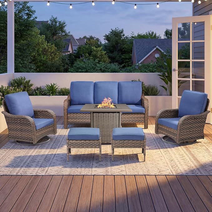 Patio Furniture Set - 6 Pieces All Weather Wicker Outdoor Furniture with 2 Swivel Chairs, 2 Ottomans, 1 Sofa and Fire Pit Table, Ergonomic Design for Porch, Deck, Balcony, Garden, and Backyard(Blue)