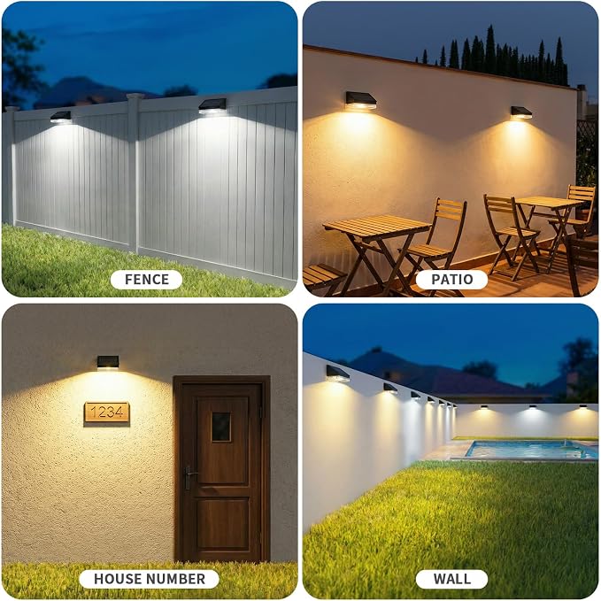 Solar Fence Lights 20 Pack, Outdoor Solar Lights with 3 Color Temperatures, IP65 Waterproof Wide-Angle LED Lighting for Fence, Patio, Yard, Deck, Wall, Garden (Black)