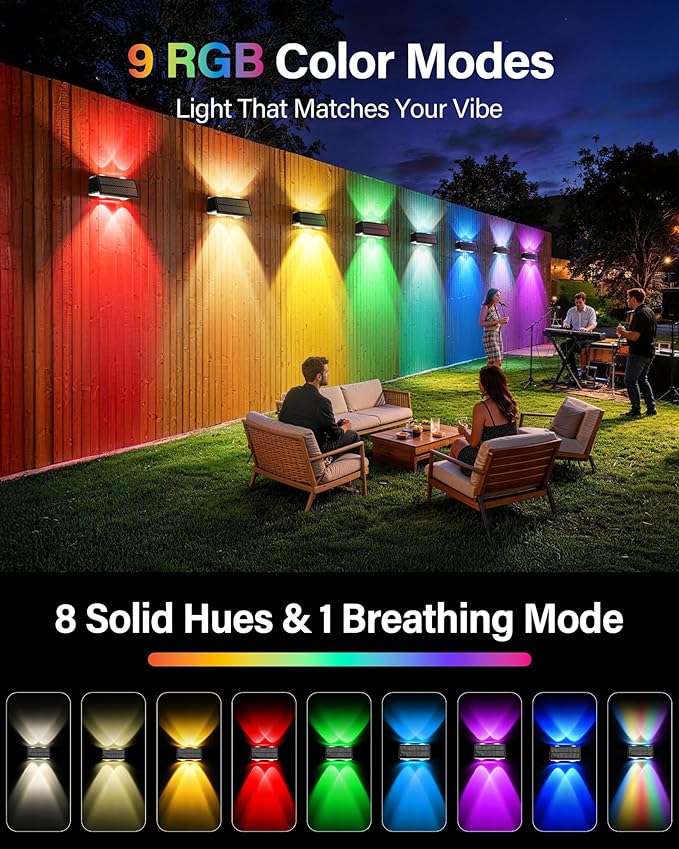 Solar Fence Lights Outdoor, 12 Pack Fence Solar Lights Waterproof | IP65 Fence Lights Solar Powered Up & Down LED Focus, 9 Color Modes, 12H Dusk to Dawn Glow for Pool/Patio/Backyard - Black