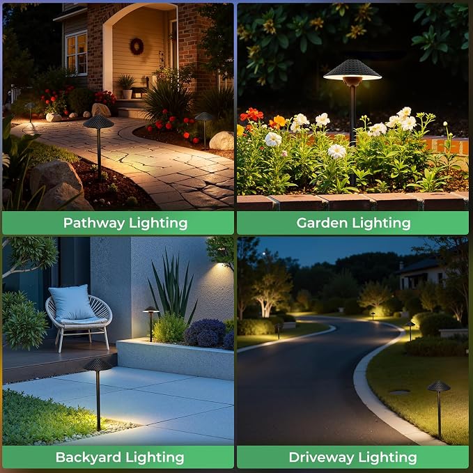 Low Voltage Pathway Lights (6.69'' Shade, 21.54'' Tall) 12V Outdoor LED Landscape Pathway Lighting Aluminum Vintage Hammered Path Lights with 4W 2700K Replaceable Bulb, 12 Pack