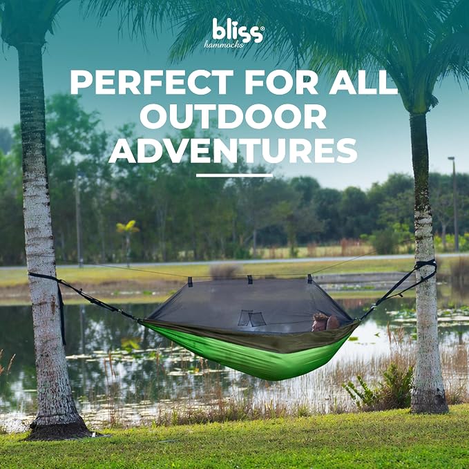 Bliss Hammocks BH-406XLS-N-FG Hammock in a Bag w/ Mosquito Net & Adjustable Tree Straps, 54-in. Wide, Weather & UV Resistant, 350 Lb. Capacity (Forest Green)