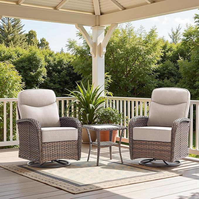 Luxury 6-Inch Cushion Outdoor Swivel Rocker Patio Chairs with Side Table, High Back Wicker Patio Furniture Set for Deck Porch Garden Balcony and Poolside Beige Cushion