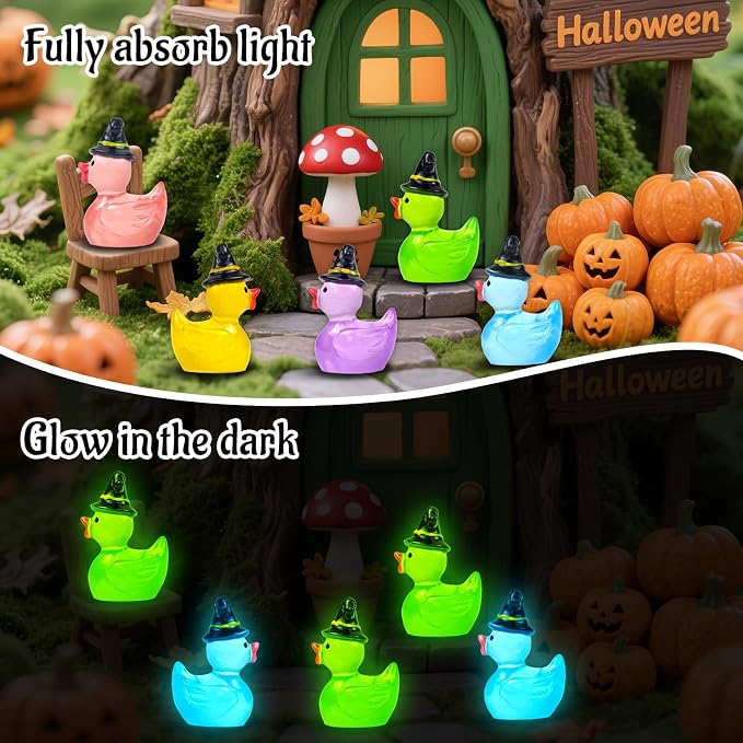 50 Pcs Halloween Luminous Mini Resin Ducks Miniature Figurines | Tiny Little Plastic Duck Figures with Witch Hat Glow in the Dark, Halloween Crafts Micro Landscape Fairy Garden Party Decor