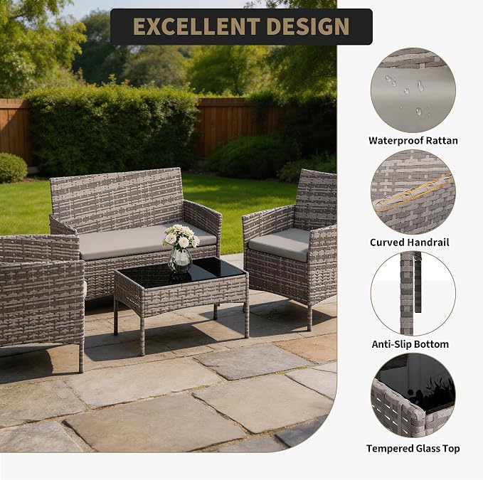 Outdoor Patio Furniture Set, 4-Piece PE Rattan Wicker Chair Set with Cushions and Tempered Glass Table for Backyard, Porch, Garden, Poolside, Balcony, Brown/Beige