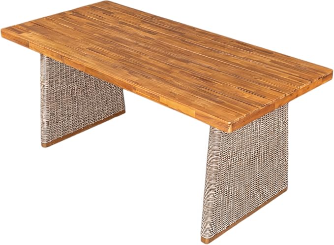Christopher Knight Home Shuri Patio Acacia Wood Dining Table, Slatted Tabletop Outdoor Side Table with Handwoven Rattan Legs, Rectangular Outdoor Dining Table for Backyard/Garden, Brown + Teak