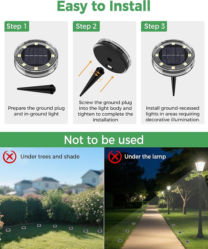LOTMOS 4 Pack Solar Ground Lights Outdoor, 8 LED Solar Flat Lights IP68 Waterproof Disc Light, Landscape Lighting Solar Powered for Garden Yard Path Driveway Lawn Patio Walkway, Warm White