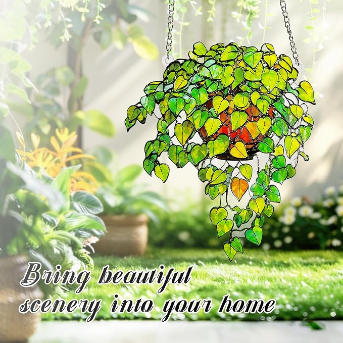 Plant Suncatcher Glass, Stained Glass Suncatcher Plant Window Hanging, Unique Nature Lover Gifts Leaf (Green)