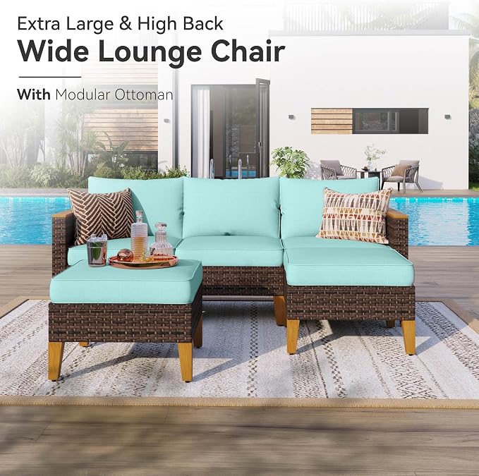 GREEN PARTY 7 Pieces Wicker Patio Furniture Set with 56" Fire Pit Table, All-Weather Outdoor Rattan Patio Sectional Sofa Conversation Set 7 Seats with 4" Thick Cushions for Garden, Backyard (Blue)