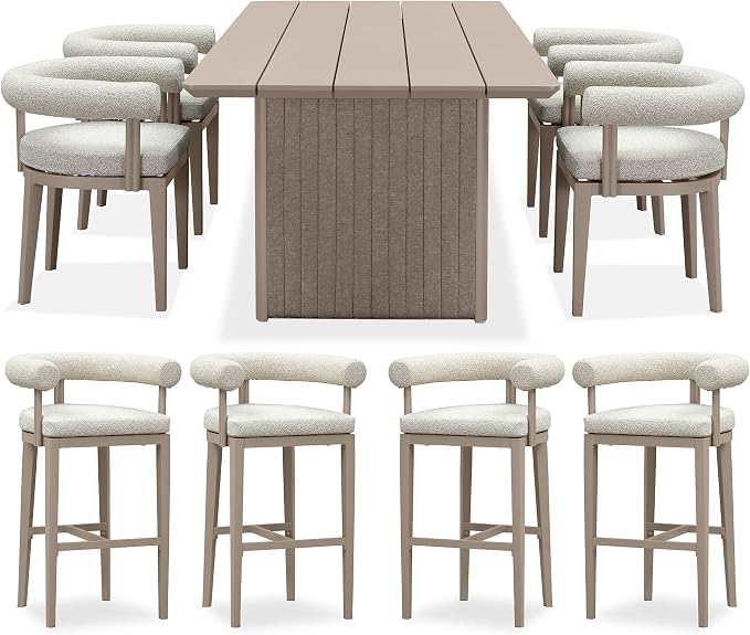 PURPLE LEAF 5 Pieces Patio Dining Set with Tall Bar Stools, Seamless Table | Wraparound Backrests, Textured Olefin Fabric, Cushioned Armrest, Aluminum, Hand-Braided Rope Table Base, Earth-Tone Palette