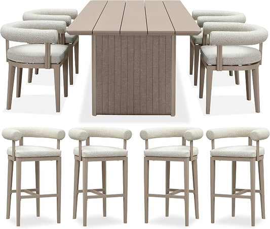 PURPLE LEAF 5 Pieces Patio Dining Set with Tall Bar Stools, Seamless Table | Wraparound Backrests, Textured Olefin Fabric, Cushioned Armrest, Aluminum, Hand-Braided Rope Table Base, Earth-Tone Palette
