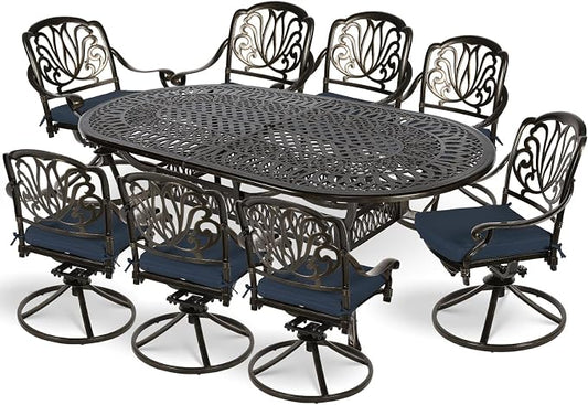 MEETWARM 9-Piece Outdoor Patio Dining Set, All-Weather Cast Aluminum Outdoor Dining Table Set for 8 with 84" Oval Table, 8 Cushioned Swivel Patio Chairs for Backyard Garden, Umbrella Hole, Navy Blue