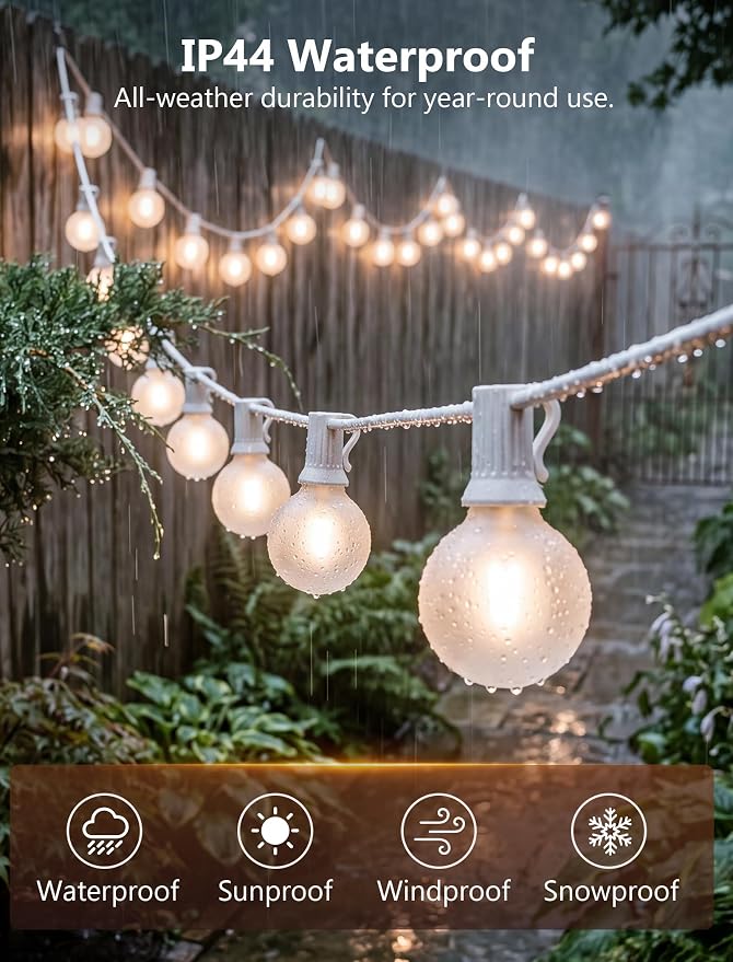 25Ft G40 LED Frosted White String Lights Outdoor with 27 Shatterproof Globe Bulbs Patio Lights White Wire, Waterproof Hanging Bistro Lights for Wedding Party Backyard Garden Porch Christmas Decor