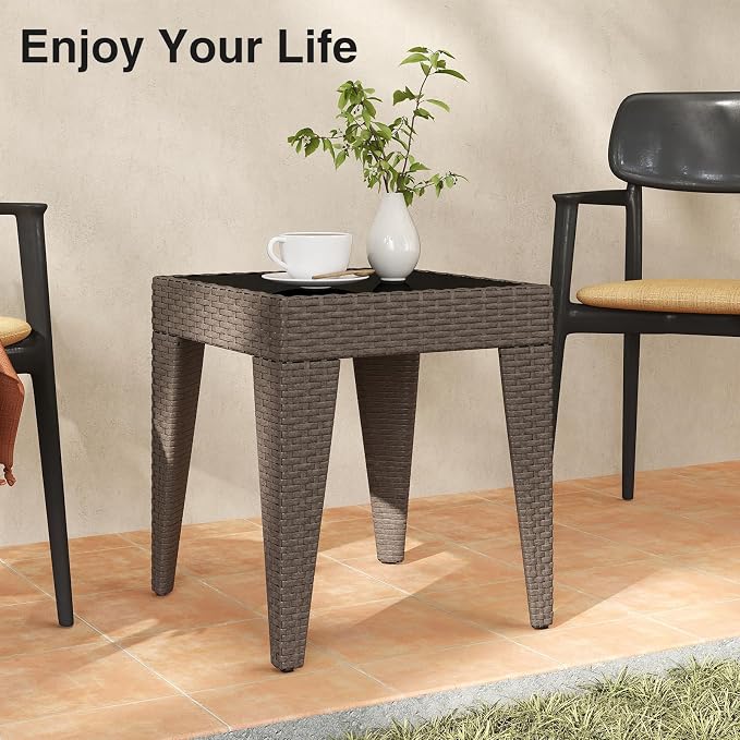 Outdoor Small Patio Table - PE Rattan Coffee Table, Wicker Side Table for Patio, Balcony & Porch, Durable & Iron Frame (1, Rattan Sesame)