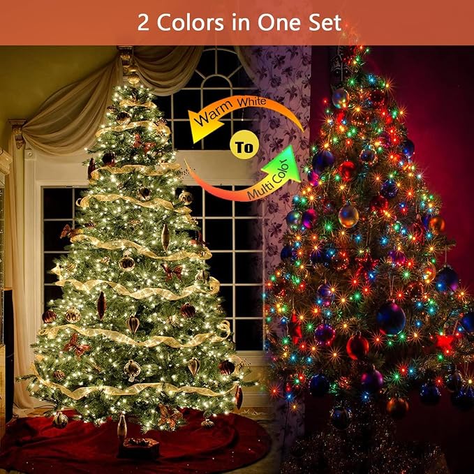 Solar Christmas lights Outdoor 2 Pack 480 LED Warm White to Multicolor | 170FT, 8 Lighting Modes, Memory Function, Auto On/Off, Waterproof Twinkle Lights for Outside Roof Porch Patios Balcony Decor