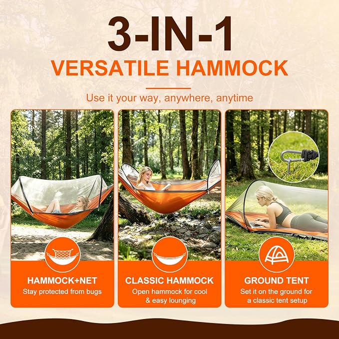 Camping Hammock with Mosquito Net, 3 in 1 Portable Hammock Tent 440lbs Capacity Attached Storage Pocket Single Nylon Hammock Set for Outdoor Travel Camping Hiking Backpacking (Orange Grey)