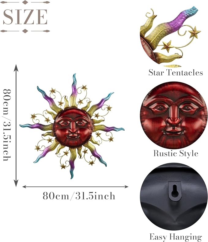 TERESA'S COLLECTIONS Outdoor Sun Metal Wall Art for Outdoor Decor,32" Red Sun Face 3D Wall Decor for Garden Decor,Rustic Retro Hanging Sculpture for Outside indoor Home Patio Farmhouse Gifts for Mom