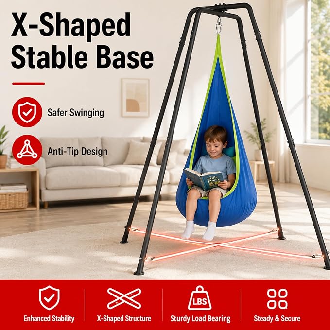 Sensory Pod Hammock with Stand, X-Shaped Anti-Tip Base, Kids Indoor Nest, Outdoor Hanging Chair, Heavy-Duty Steel Frame, Secure 330LBS Comfort, Adults Calm Relax, Family Rooms Gardens Backyards, Blue
