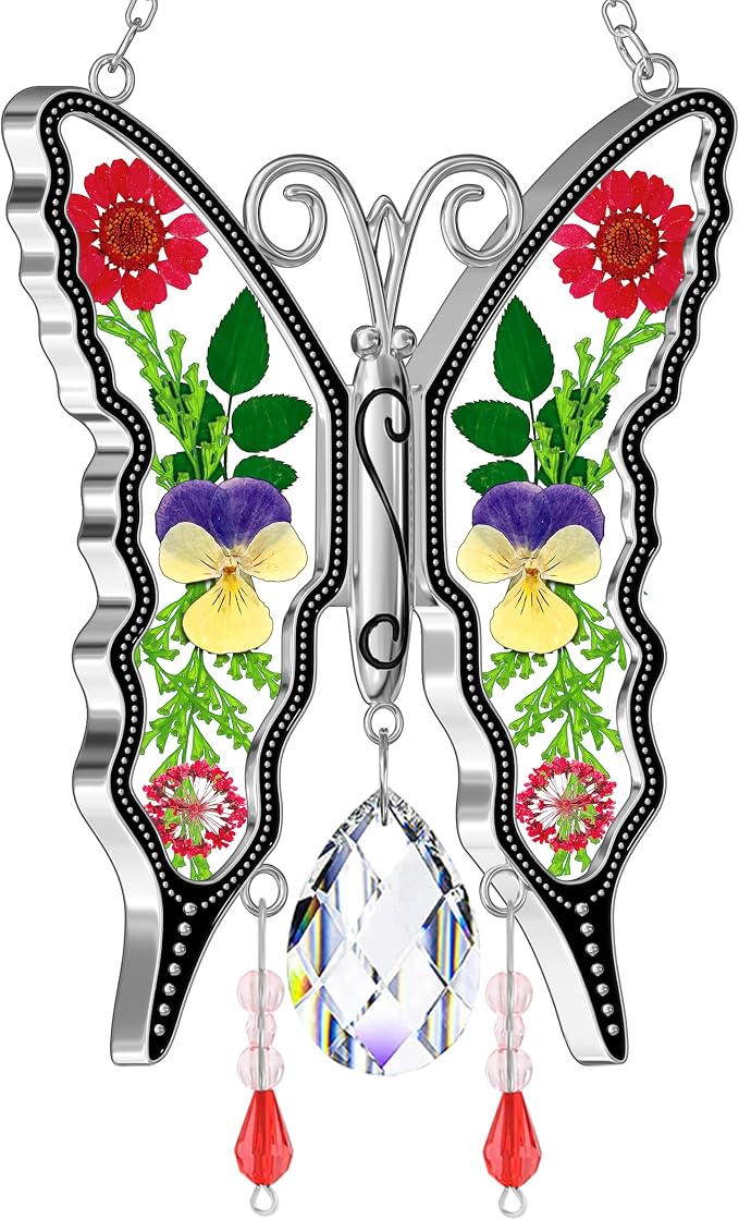 KY&BOSAM Butterfly Glass Crystal Pressed Flower Suncatchers Window Hanging | Colorful Prism Charm Sun Catcher Wind Chime Ornament,Metal Dried Flower and Glass,Mothers Day Gifts for Mom Christmas