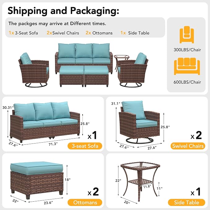 Patio Furniture Set, 6 Pcs Patio Outdoor Sectional, Wicker Outdoor Couch with Swivel Chair, Ottomans, Side Table, 4" Thick Cushion, for Garden Backyard Deck,Light Blue