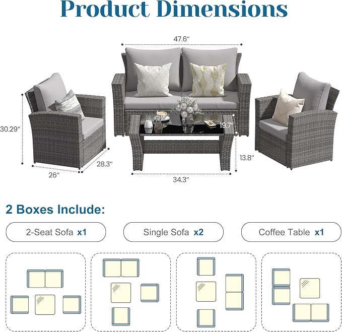 May in Color 4 Piece Patio Furniture Sets, All-Weather Wicker Conversation Sets, Outdoor Rattan Sectional Sofa Chair with Cushions and Coffee Table for Balcony, Garden, Backyard,Grey/Light Grey
