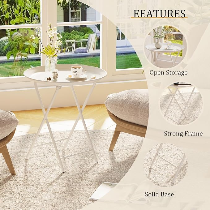 Garden 4 you Folding TV Tray Table, Metal Round Side Table, White Dinner Table with Metal Frame, Modern Outdoor Tray Table for Living Room, Bedroom, Patio & Small Spaces, 2 Packs
