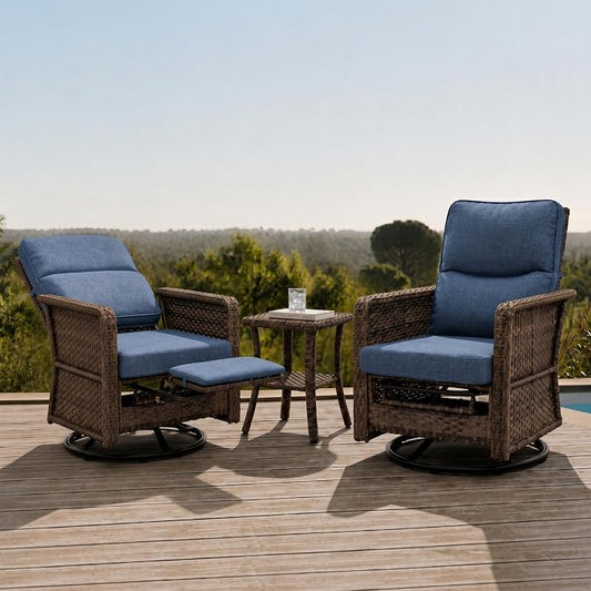 Outdoor Swivel Recliner Chair Set of 3 - Ergonomic Reclining Patio Chair with Adjustable Backrest and Footrest, All-Weather Wicker Chaise Lounge Outdoor with Side Table