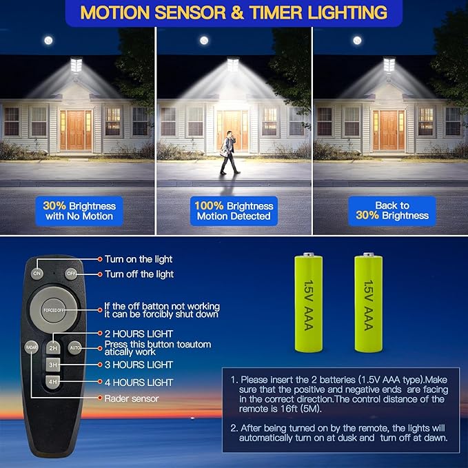 Solar Street Lights Outdoor, IP67 Waterproof, with Motion Sensor, Remote, and Auto Dusk to Dawn | Bright 6500K LED Solar Powered for Patio, Garden, Garage, Courtyard & Parking Lot