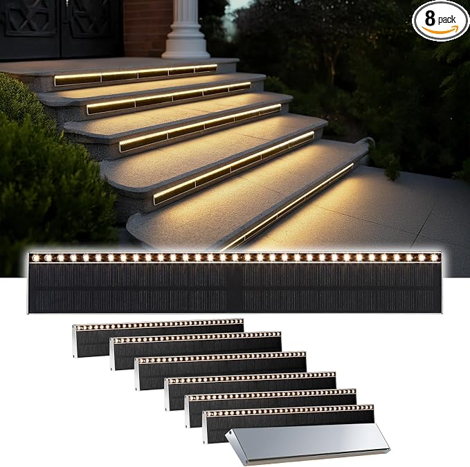 SHONELIGHTING Solar Step Lights Outside, 33 Focused LEDs, Stair Light, 8PK | Downward Lighting, High Brightness, Modular, Waterproof Aluminum, Risers, Deck, Curbsides, Planter Edges, Warm White, 3000K