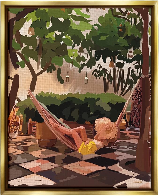 'Woman Lounging Hammock Tropical Summer'| Floating Frame Canvas Art | Stupell Industries | Gold, 17 x 21 Inches, Easy to Hang and Sturdy, Made in USA, by Amelia Noyes
