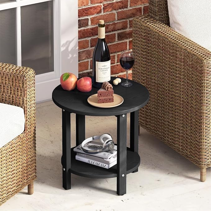 HDPE Round Outdoor Side Table, 18.1-Inch Weatherproof Small Outdoor Table for Adirondack, 2-Tier Patio End Table for Garden Backyard Porch Deck Balcony Poolside (Black)