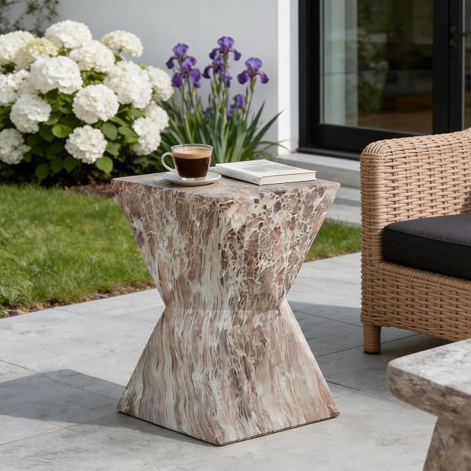 Outdoor Side Table, Faux Travertine Stone End Table, Magnesium Oxide Small Coffee Table, Multi‑Functional Garden Stool Plant Stand for Porch, Backyard Patio & Indoor 12.40"*18.30" Marble