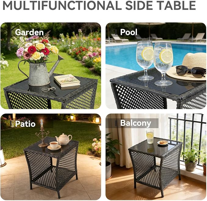 Kinfant Outdoor Wicker Side Table with Tempered Glass Top, 17.7" Square Patio End Table with Storage Shelf, Weather-Resistant Rattan Table for Balcony, Porch, Deck, Garden, Easy Assembly
