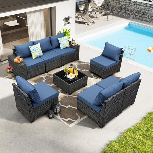 JOYURE 8 Pieces Patio Furniture Set All-Weather Outdoor Wicker Sectional Conversation Sofa Rattan Patio Seating Sofa with Cushion and Glass Table for Porch Poolside,Navy