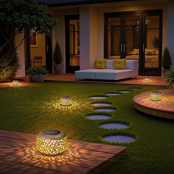 Solar Lanterns Outdoor Waterproof, 4 Pack Flower Petal Solar Garden Lights with 2 Lighting Colors, Vintage Metal Outdoor Patio Garden Decor - Unique Gifts for Women Mom Sisters Birthday
