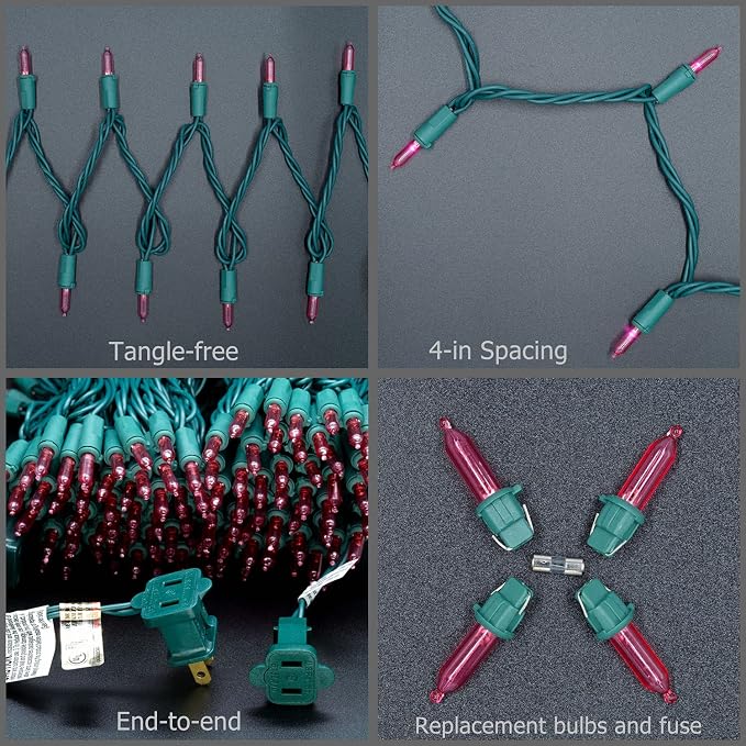 YULETIME 200 Pink LED Christmas Lights, 66 ft Green Wire UL String Light | Stay Lit, End-to-End Connectable, UL Certified, Commercial Grade, 1-Strand 200 Lights, 4" Spacing
