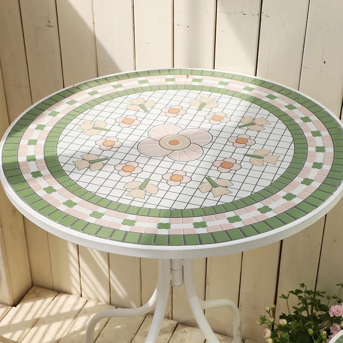 Round Outdoor Side Table Patio Bistro Ceramic Mosaic Patterned Design Tile Top Round Table Outdoor Garden 24 Inch Metal Furniture Dining Table for Yard Balcony Porch Poolside Terrace (Pink Flower)