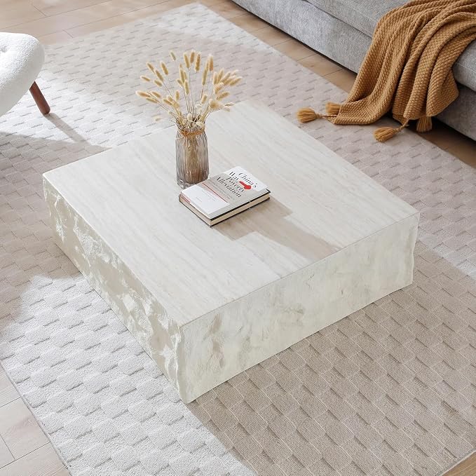 Square Coffee Table for Living Room Faux Stone Coffee Table, 35.4" Modern Low Center Tables for Apartment, No Need Assemble, Fiberglass (Travertine Concrete Pattern)