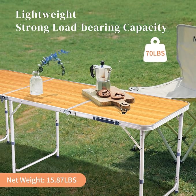 6 Ft Folding Portable Camping Table, Tri-fold Outdoor Picnic Table, Outdoor Camping Kitchen, BBQ, Picnic, Cooking, Beach, Garden, Party (Wood Color)