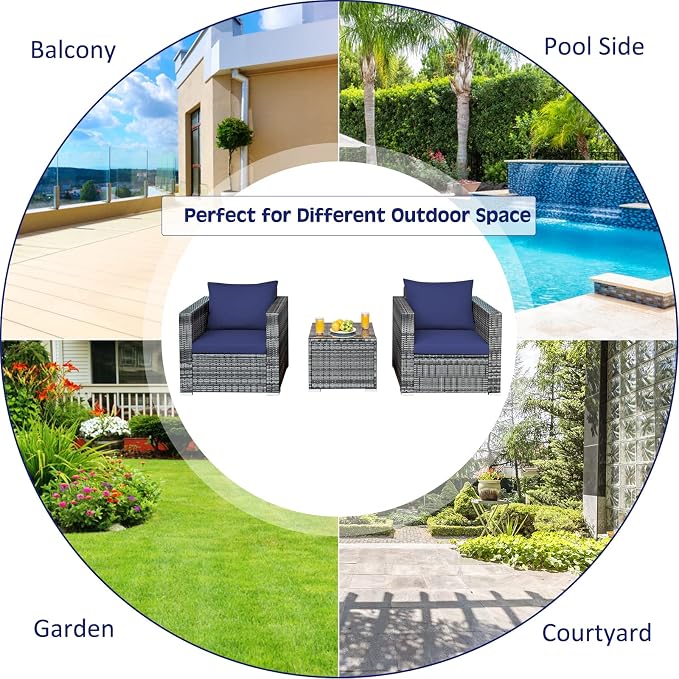 COSTWAY 3-Piece Patio Furniture Set, Outdoor Wicker Rattan Sofa with Cushions and Coffee Table, Conversation Chair Set for Poolside Backyard Balcony Lawn (Navy)