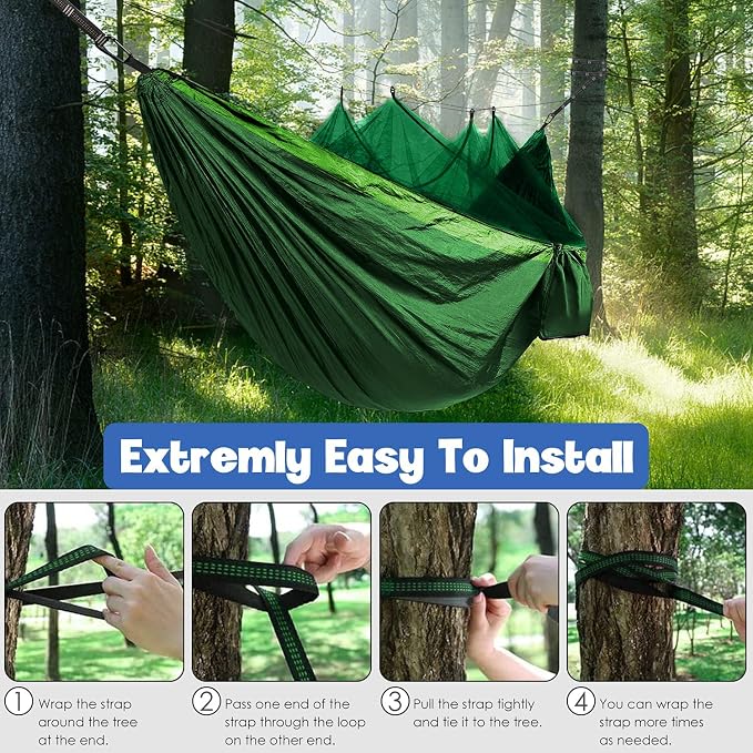 Gold Armour Camping Hammock - Camping Essentials, Double Hammock with Bug Net, Camping Gear Portable Hammock for Outside, Hiking, and Travel (Green & Lime Green)