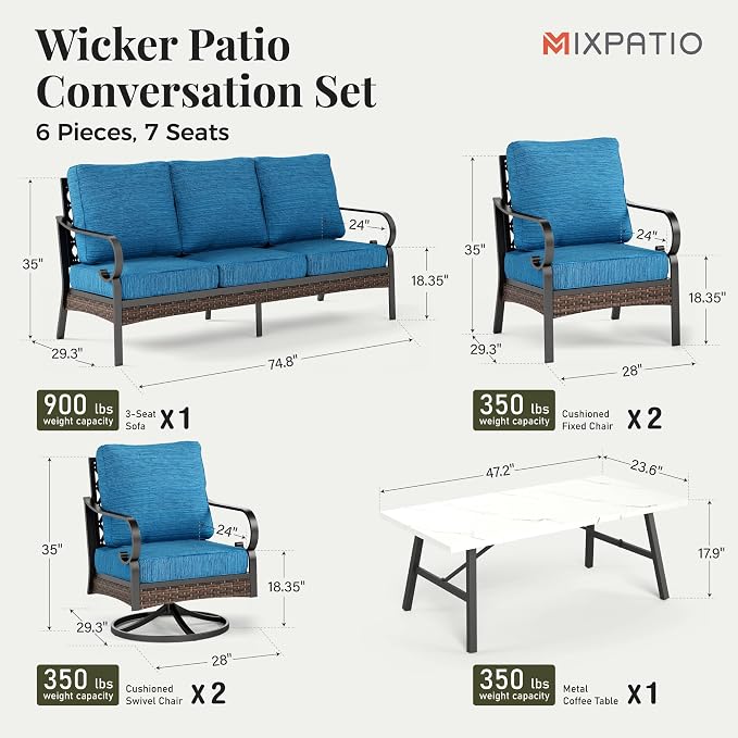 MIXPATIO Patio Furniture Set with Coffee Table, Outdoor Conversation Set with 2 x Fixed Chairs, 2 x Swivel Chairs, 1 x 3-Seat Sofa for Lawn Garden Backyard, Pacific Blue