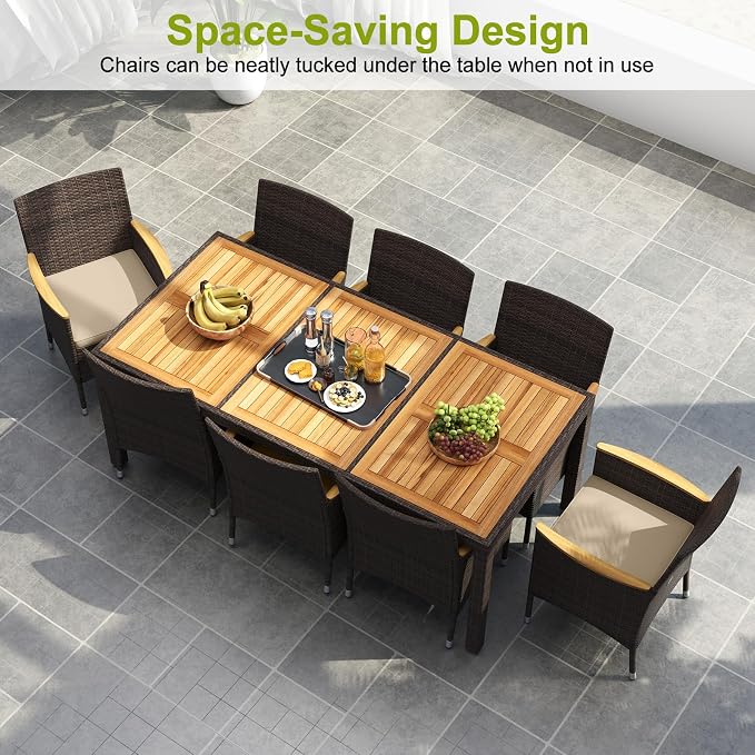 9 Pieces Patio Dining Set for 8, Outdoor Acacia Wood Table and PE Rattan Chairs with 2" Umbrella Hole, Cushions, Wicker Outdoor Dining Furniture Set for Backyard, Garden, Deck(Beige)