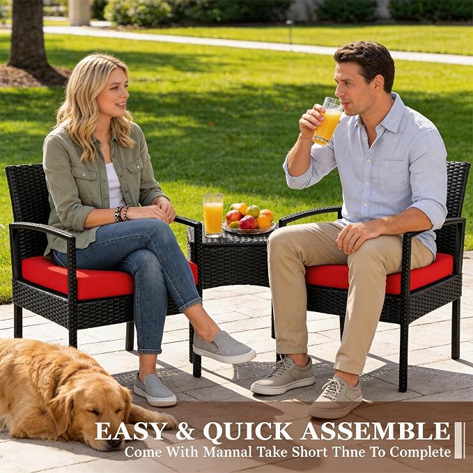 PROHIKER 3 PCS Patio Rattan Conversation Bistro Chairs Set, Outdoor Patio Furniture Wicker Bistro Set with Coffee Table for Garden Porch Balcony Yard Lawn, Red
