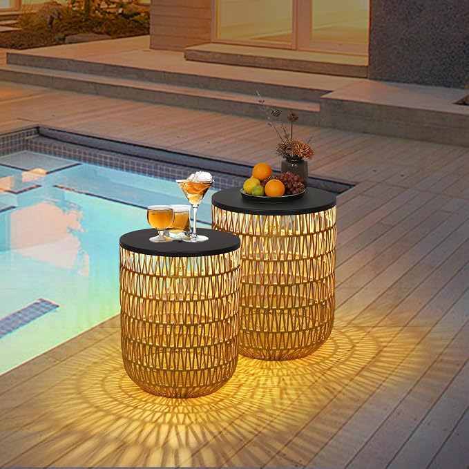 HMVPL Solar Outdoor Side Table Set of 2 with Dimmable Light, Round Patio Side Table for Outside, Outdoor End Accent Tables, Plastic Rattan Patio End Table for Poolside Backyard Gazebo, Dusk to Dawn