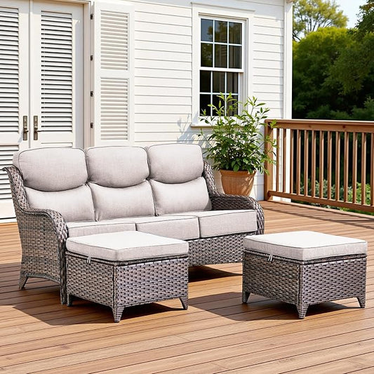3 Pieces Patio Sofa Set with 6" Thick Cushions, High Back Wicker Sectional Outdoor Sofa with Ottomans, Outdoor Seating Furniture High Back Conversation Set for Balcony Deck Porch Backyard, Brown/Beige