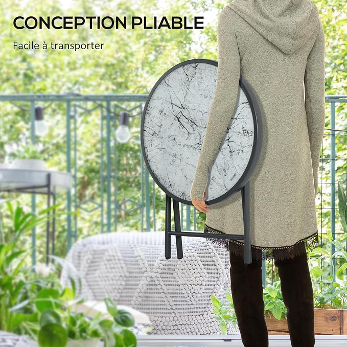 Outsunny Folding Coffee Table, Side Table, Tempered Glass Top, Metal Frame, 45 cm Round, for Patio, Balcony, Garden, White