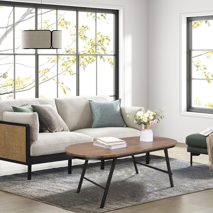 Folding Coffee Table for Small Spaces Wood and Metal Oval Coffee Table Portable Low Coffee Tables for Living Room, Home, Office, Light Brown