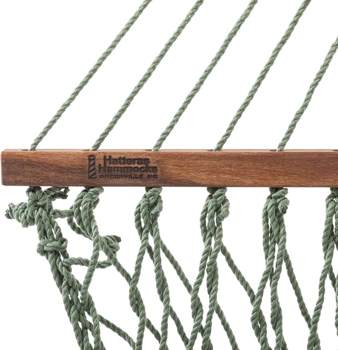 Hatteras Hammocks Large Meadow DuraCord Rope Hammock – 13 ft. x 55 in., 2-Person, 450 lb Capacity, Cumaru Spreader Bar, Zinc-Plated Hardware – Handcrafted in The USA