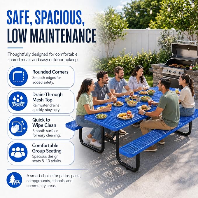 8FT Commercial Outdoor Metal Picnic Table with Umbrella Hole, Heavy-Duty Steel Patio Table & Benches, Seats 8-10 Adults, Weatherproof for Parks, Schools, Campgrounds & Backyards (Blue)